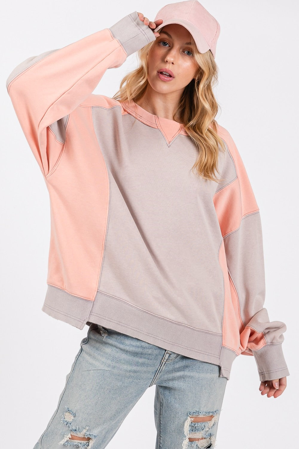 SAGE + FIG Color Block Round Neck Sweatshirt - Tigbul's Variety Fashion Shop