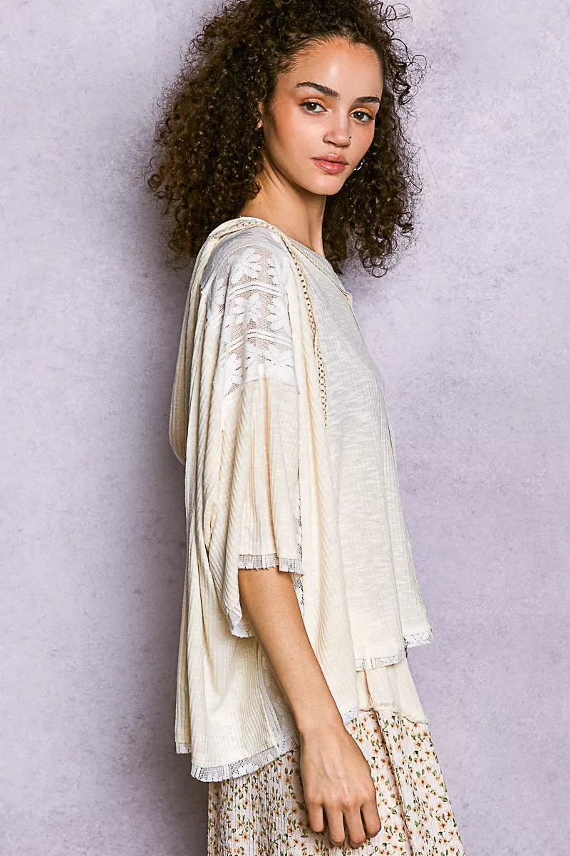 POL Short Sleeve Hoodie Top with Lace Detail - Tigbul's Variety Fashion Shop