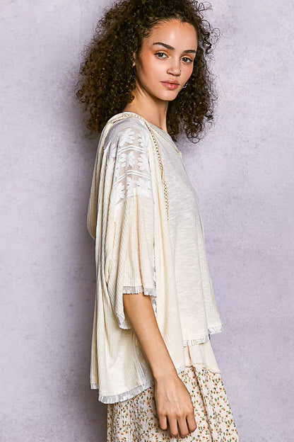 POL Short Sleeve Hoodie Top with Lace Detail - Tigbul's Variety Fashion Shop