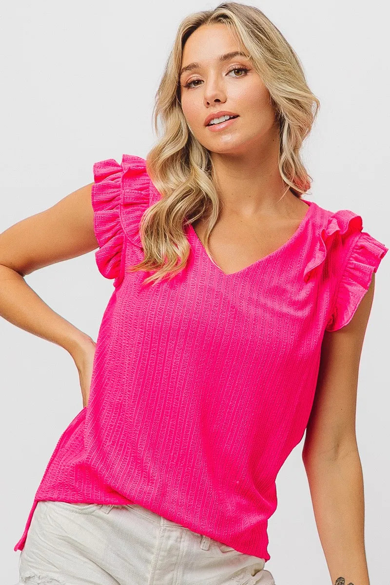BiBi Layered Ruffles Armhole V-neck Rib Textured Top - Tigbul's Variety Fashion Shop