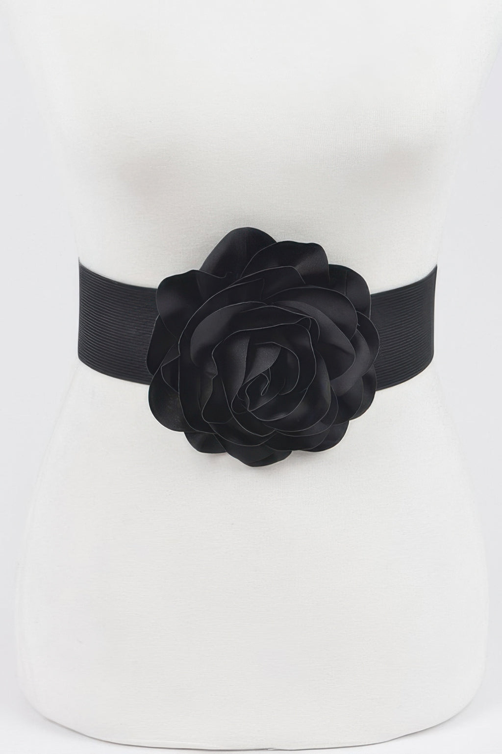 Black elastic plus size belt with large layered flower at center