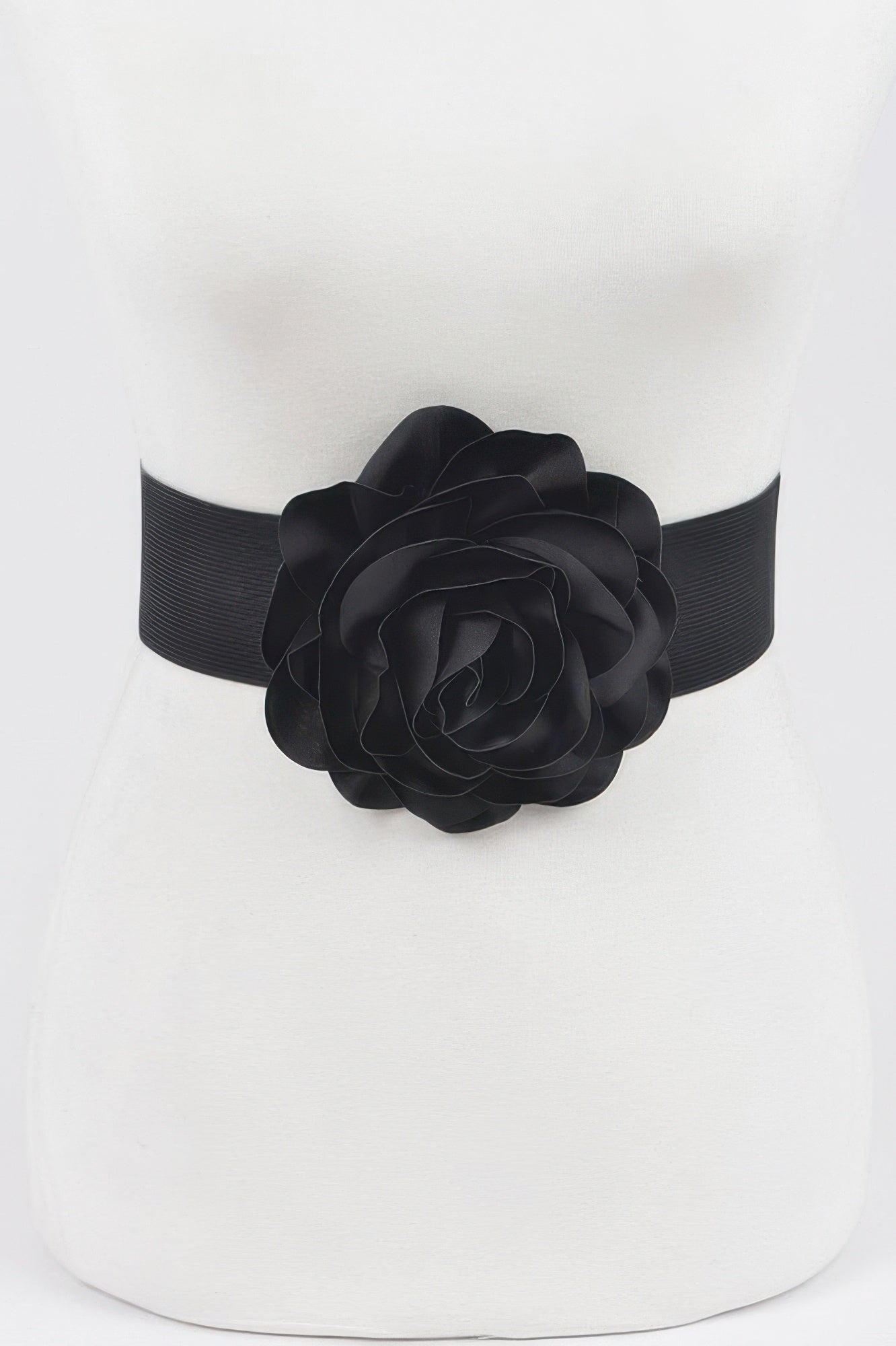 Black elastic plus size belt with large layered flower at center