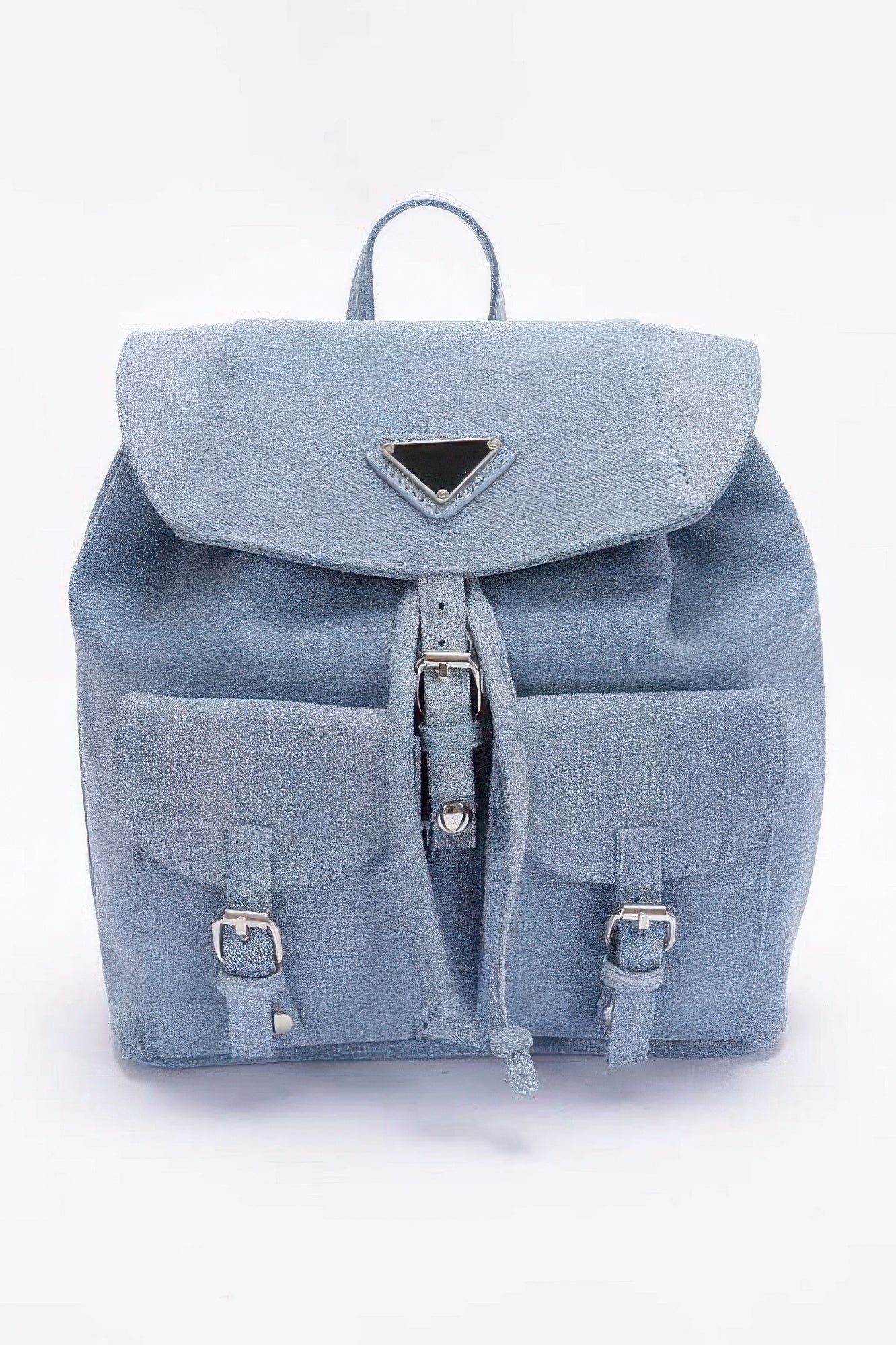 Light blue denim backpack, top flap with triangle badge, double front pockets, buckles