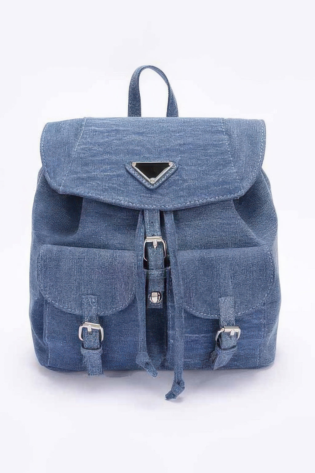 Denim backpack in medium blue, front flap with triangle badge, double pockets, center zipper