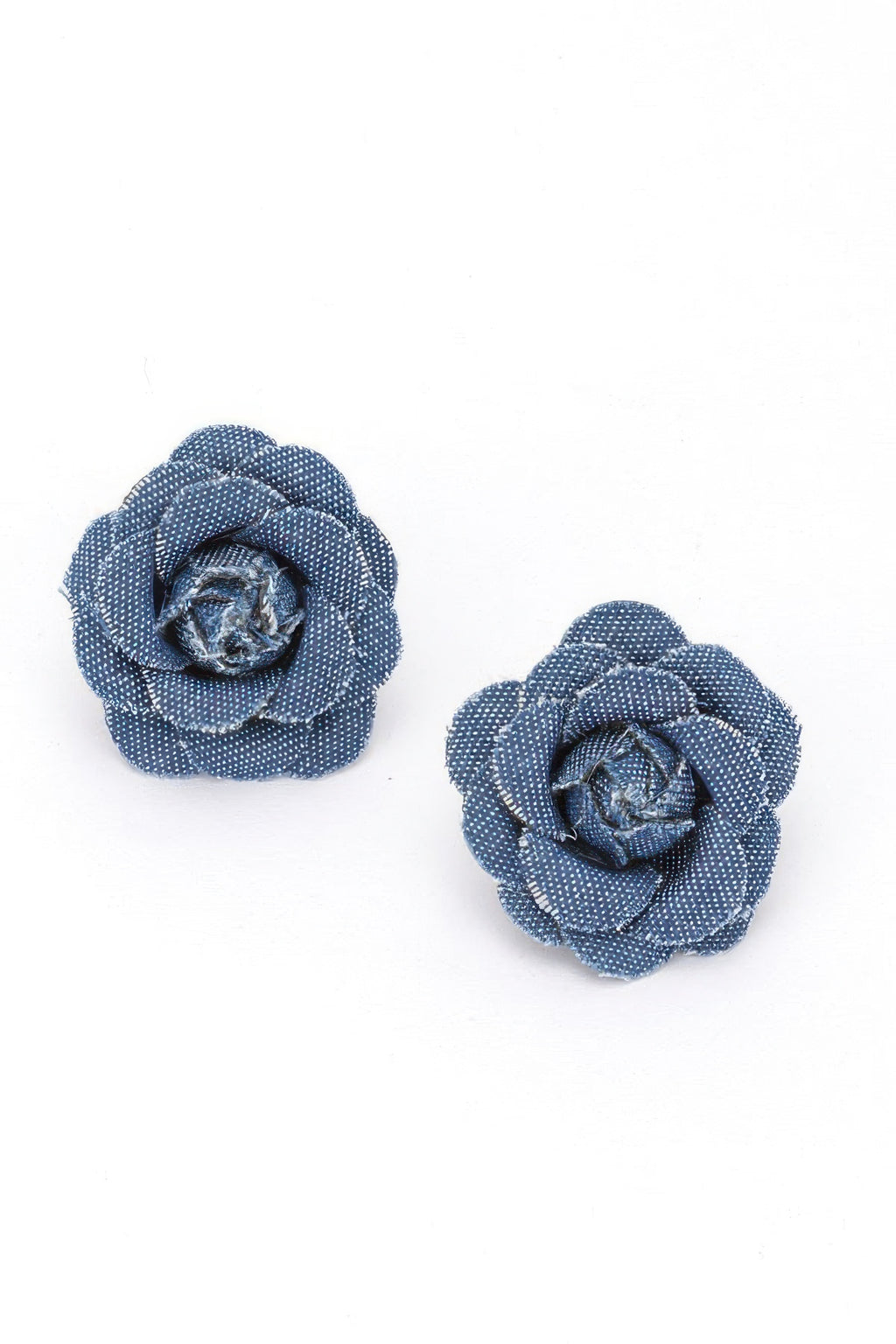 Denim flower earrings, dark blue fabric rosettes