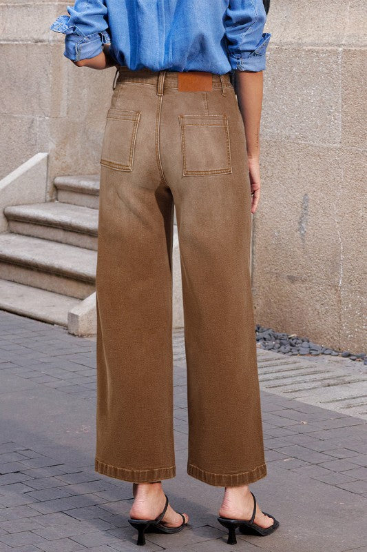 High-Waist Straight-Leg Jeans, braun, Patch-Taschen