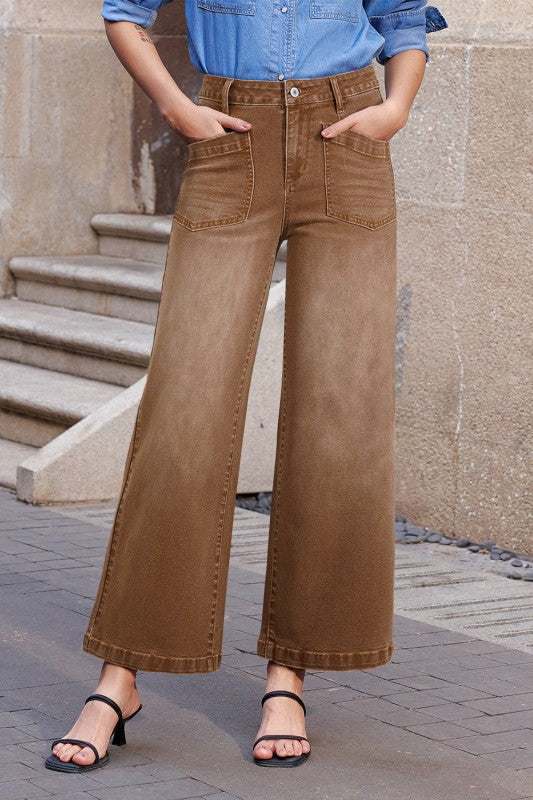 High-Waist Straight-Leg Jeans mit Knopfleiste und Patch-Taschen, braun