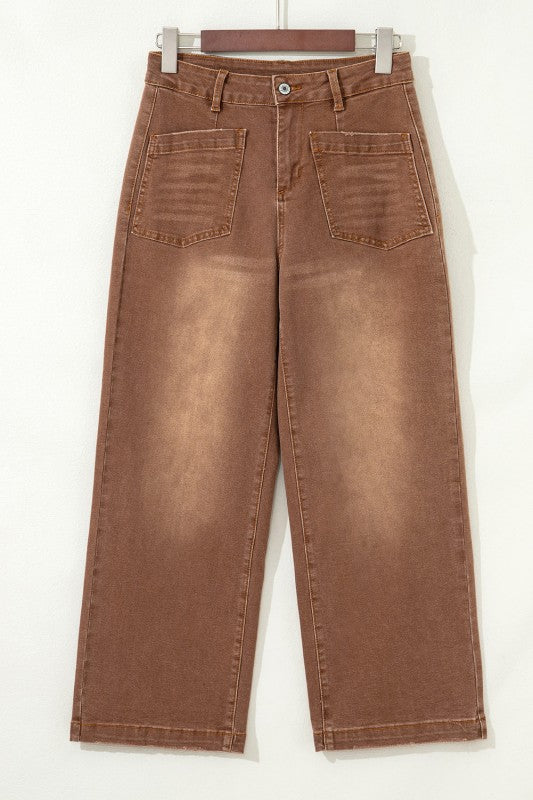 High-Waist Straight-Leg Jeans mit Patch-Taschen, braun (Rück-/Vorderansicht)