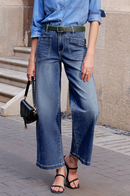 High-Waist Straight-Leg Denim Jeans mit Patch-Taschen, bläulich