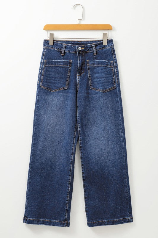 Dark blue denim straight-leg jeans with high rise and front patch pockets