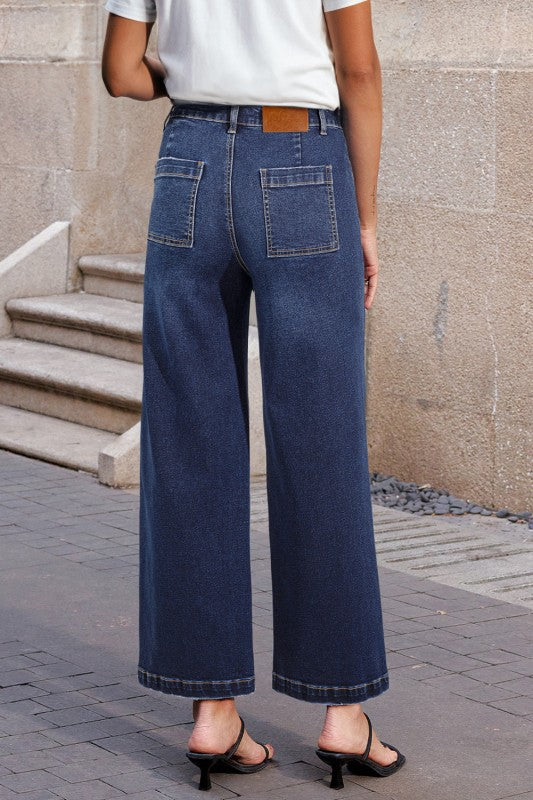 Dark blue denim straight-leg jeans, high waist, front patch pockets