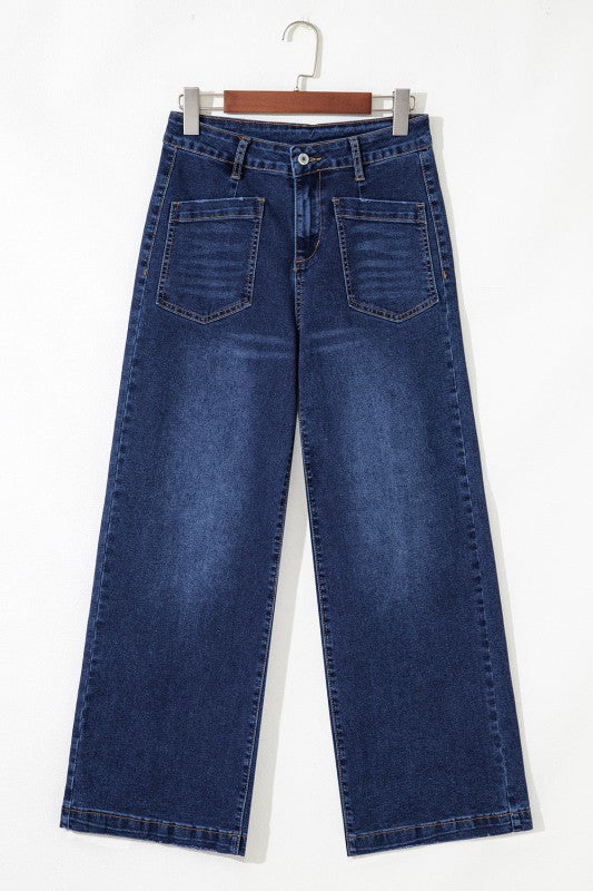 Front view dark blue patch-pocket straight-leg jeans, high rise