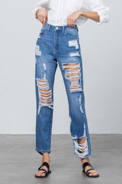 Destroyed High Rise Straight Leg Denim Jeans - Tigbul's Variety Fashion Shop