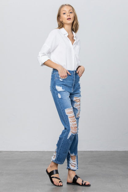 Destroyed High Rise Straight Leg Denim Jeans - Tigbul's Variety Fashion Shop