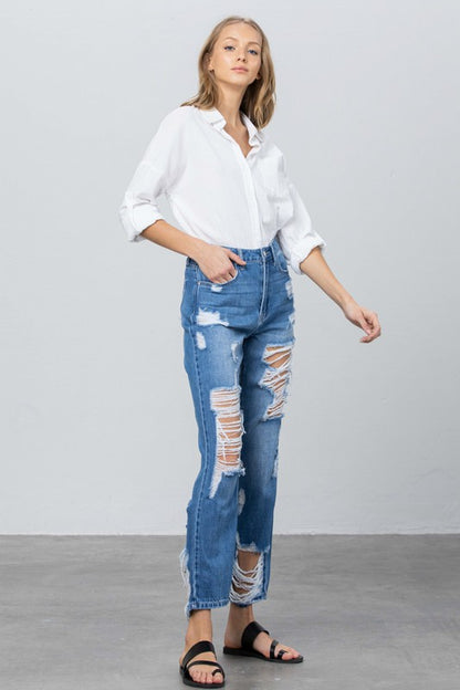 Destroyed High Rise Straight Leg Denim Jeans - Tigbul's Variety Fashion Shop