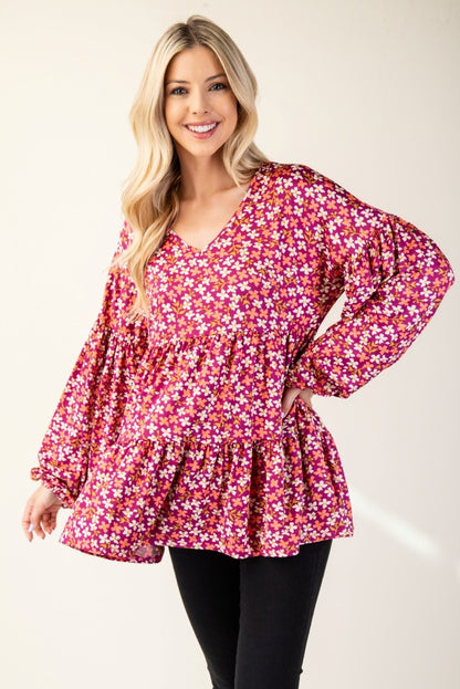 Celeste Full Size Floral V-Neck Balloon Sleeve Blouse - Tigbul's Variety Fashion Shop