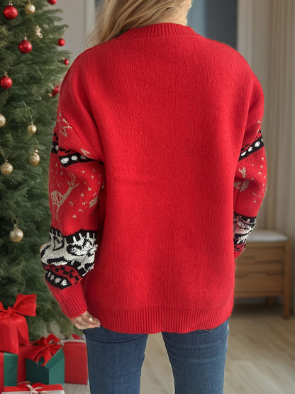 Christmas Element Round Neck Long Sleeve Sweater - Tigbul's Variety Fashion Shop