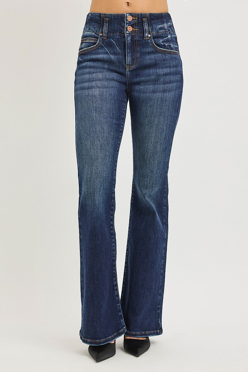 High-rise flare jeans, dark wash denim, back view with belt loops and rear pockets
