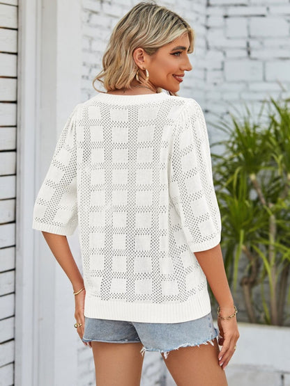 Openwork Round Neck Knit Top - Tigbul's Variety Fashion Shop