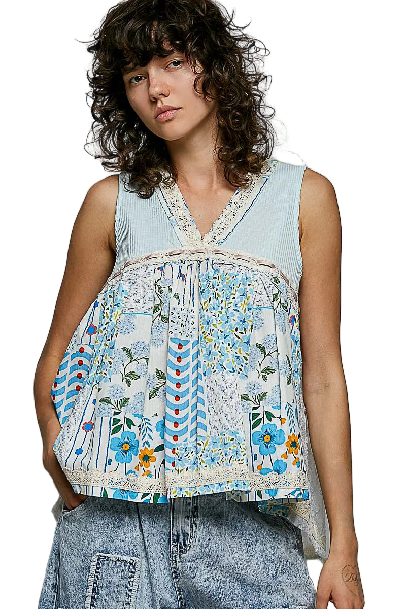 POL Light Blue Floral V-Neck Sheer Tank with Lace Trim | Tigbuls