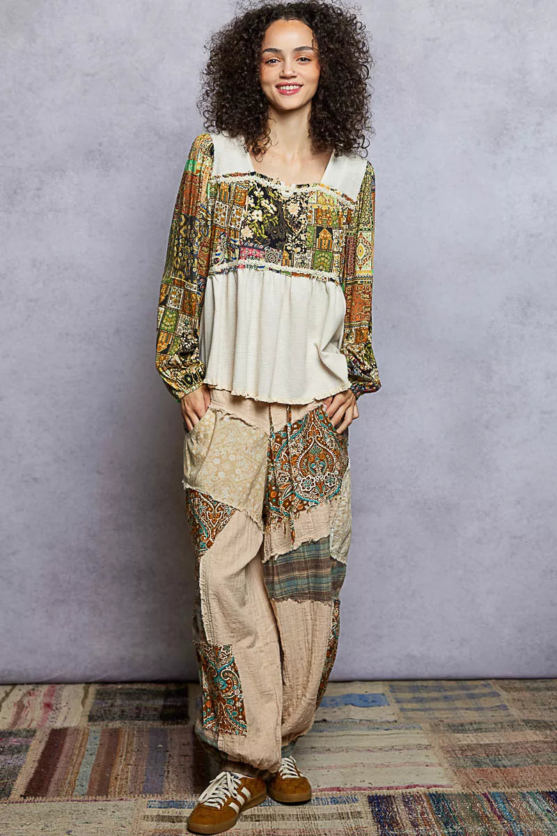 POL Balloon Sleeve Peplum Blouse with Trim Detail - Tigbul's Variety Fashion Shop