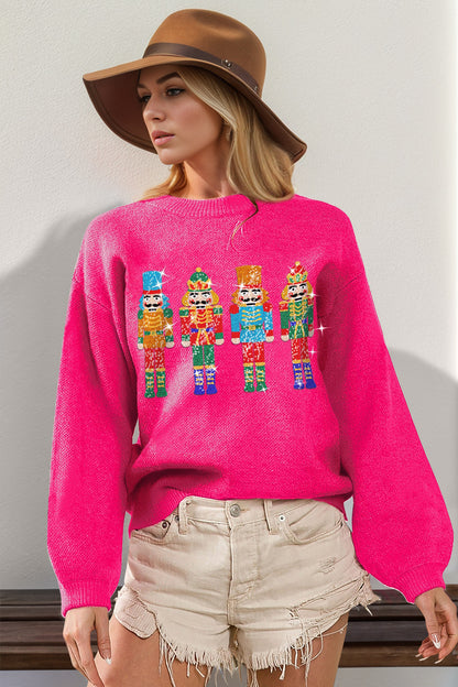 Double Take Full Size Sequin Nutcracker Long Sleeve Sweater - Tigbul's Variety Fashion Shop