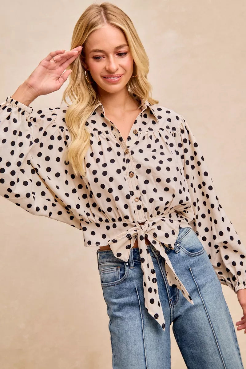 BiBi Polka Dot Print Tie Hem Detail Crop Shirt - Tigbul's Variety Fashion Shop