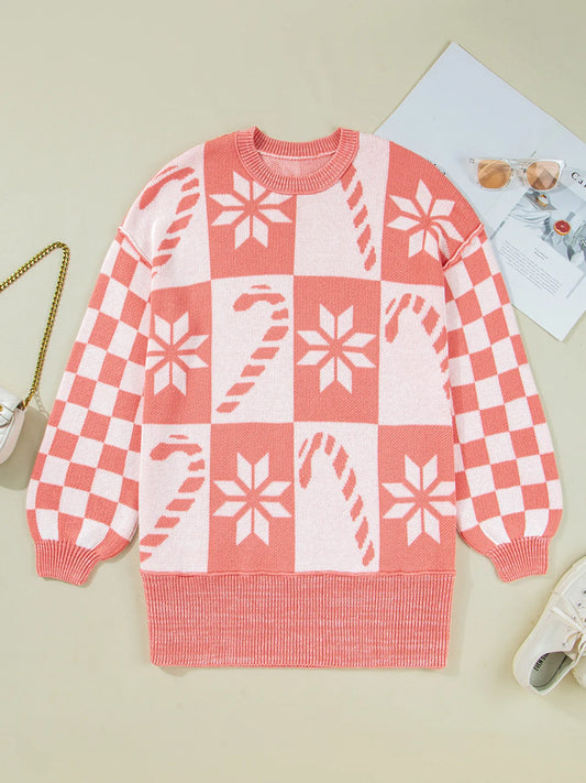 andycane Snowflake Checker Drop Shoulder Sweater - Tigbul's Variety Fashion Shop