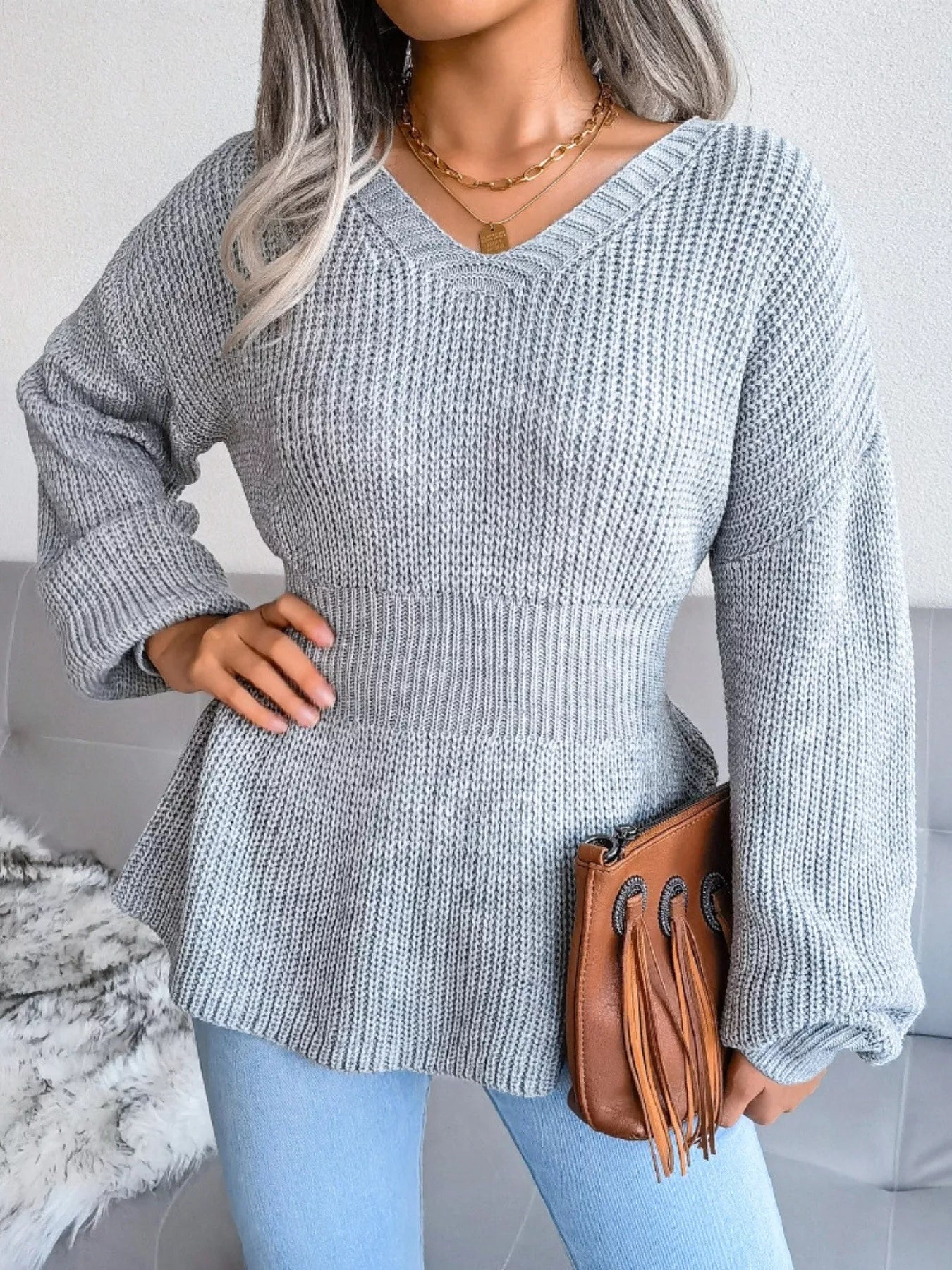 V-Neck Dropped Shoulder Sweater - Tigbul's Variety Fashion Shop
