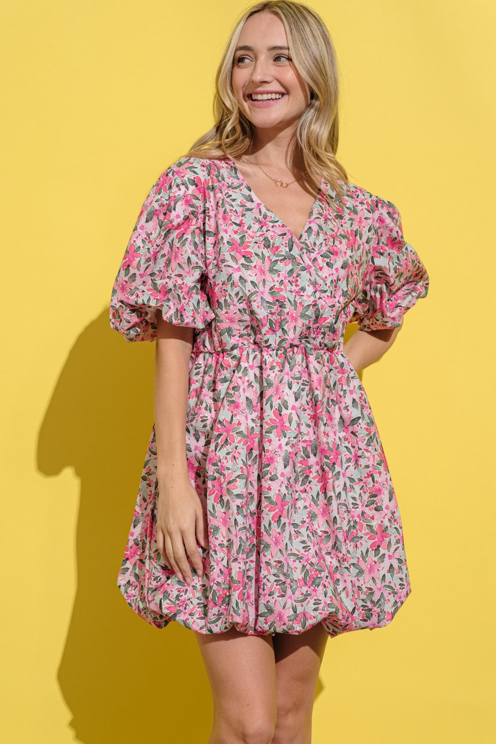 And The Why Full Size Floral Surplice Puff Sleeve Dress - Tigbul's Variety Fashion Shop