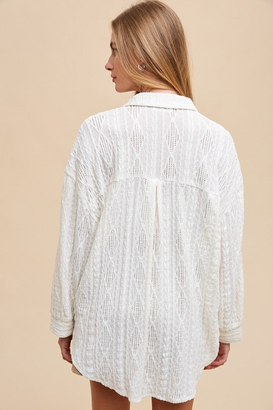 Ivory Openwork Button Down Drop Shoulder Shirt - Tigbul's Variety Fashion Shop