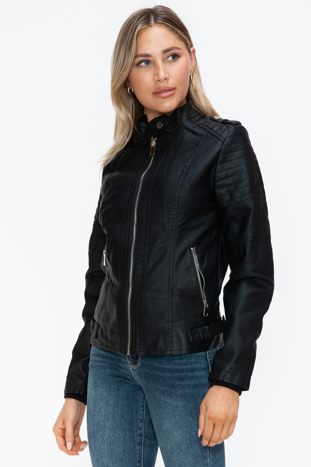 Black PU Leather Biker Jacket with Side Zip Pockets