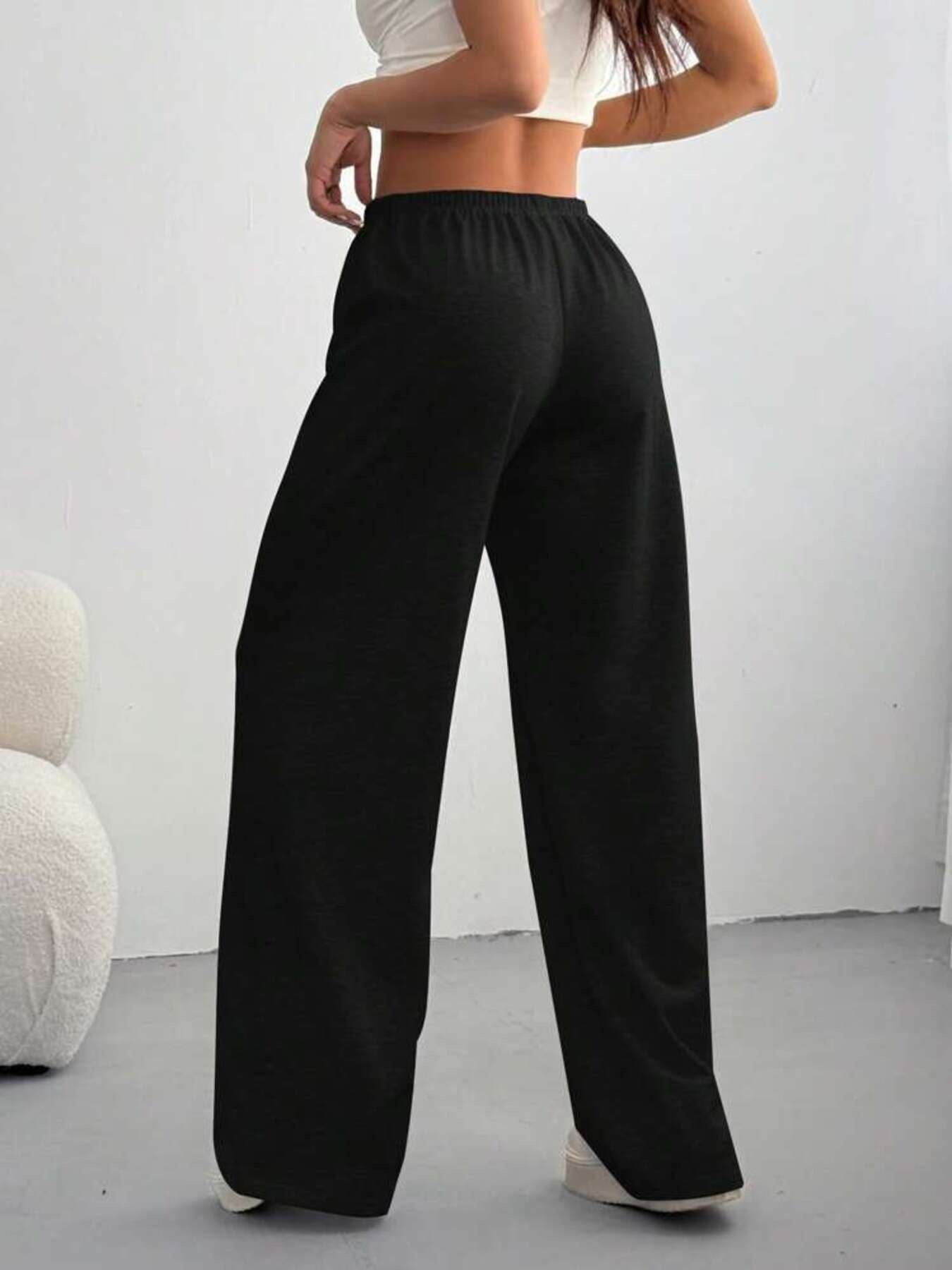 Relaxed Fit Drawstring Pants, black wide-leg with elastic waistband