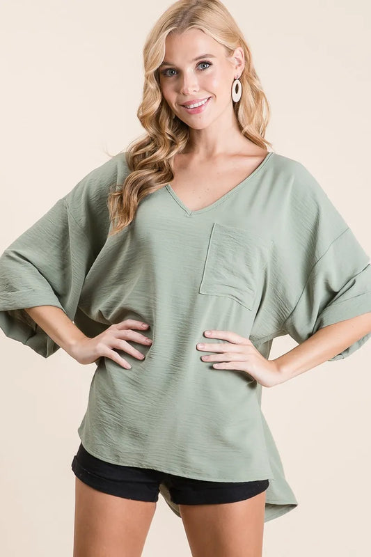 BiBi Flowy Woven V-Neck Top with Rolled Up Cuffs - Tigbul's Variety Fashion Shop