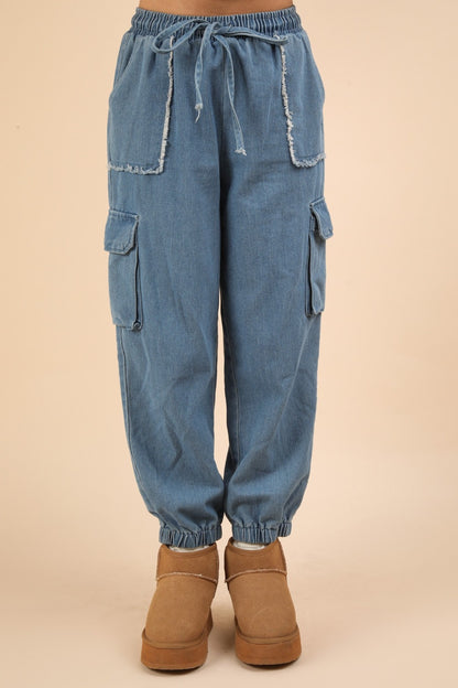 VERY J Washed Drawstring Jogger Cargo Jeans - Tigbul's Variety Fashion Shop