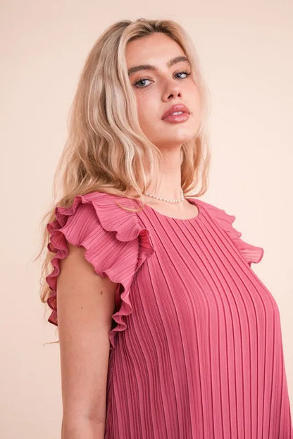 Mauve Plus Size Ruffle Sleeve Pleated Woven Mini Dress - Tigbul's Variety Fashion Shop