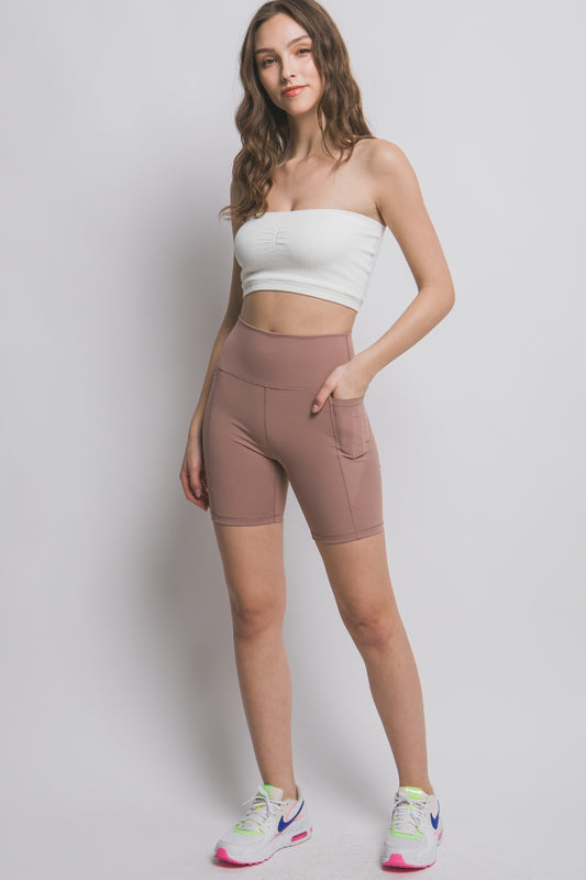 High Waist Seam Detail Active Shorts, Taupe | Tigbuls Variety
