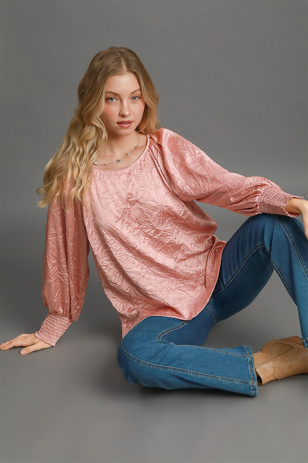 Pink Wrinkled Round Neck Lantern Sleeve Blouse - Tigbul's Variety Fashion Shop