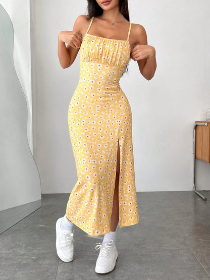 Daisy Print Cami Midi Dress with Slit - Tigbul's Variety Fashion Shop