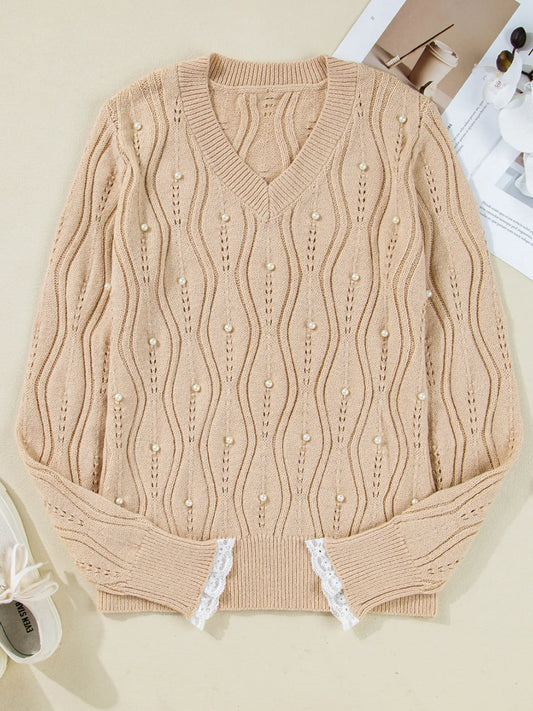 Pearl Beaded Pointelle Knit V Neck Lace Patchwork Sleeve Sweater - Tigbul's Variety Fashion Shop