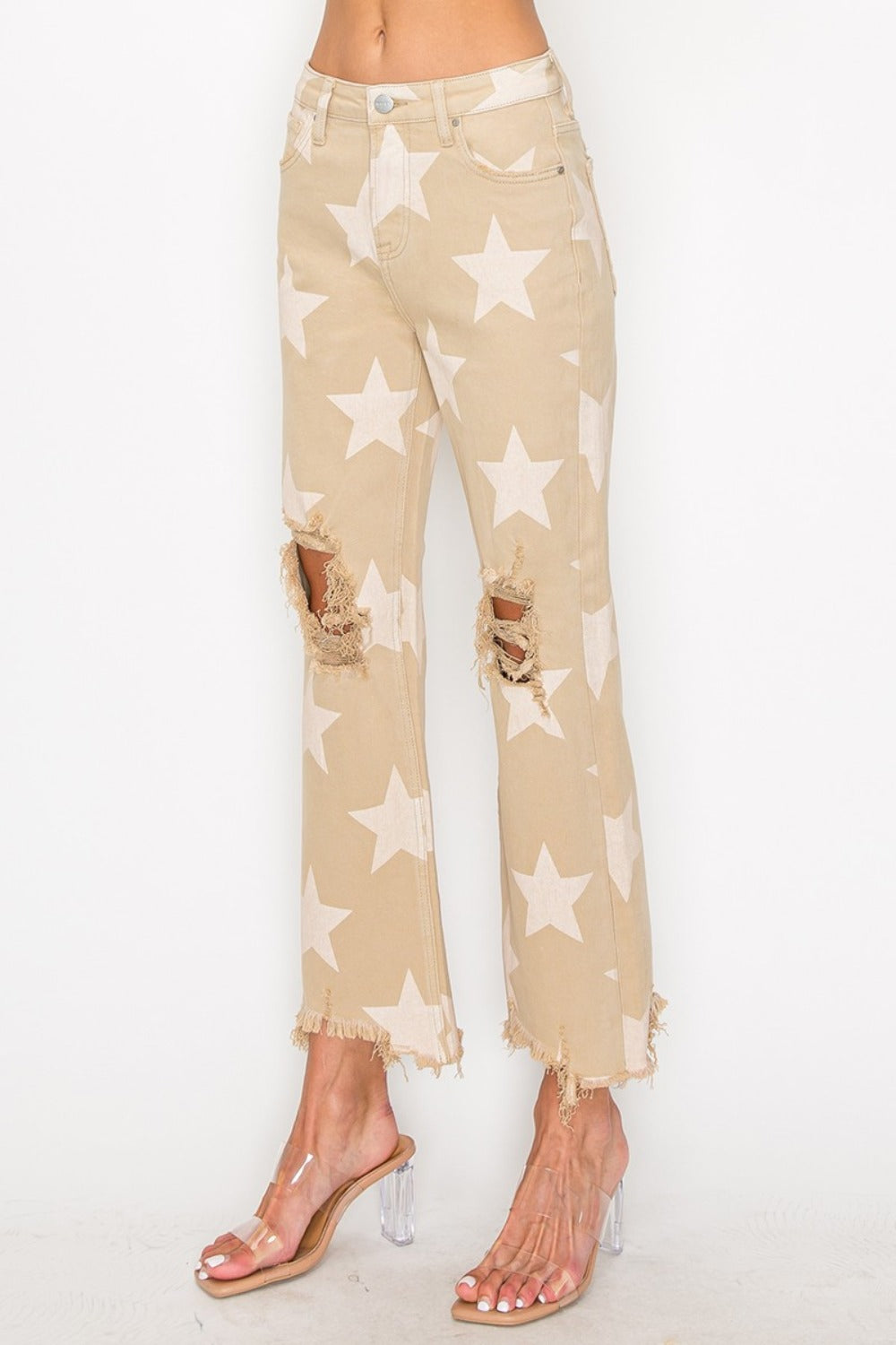 RISEN Full Size High Rise Star Printed Frayed Hem Jeans - Tigbul's Variety Fashion Shop