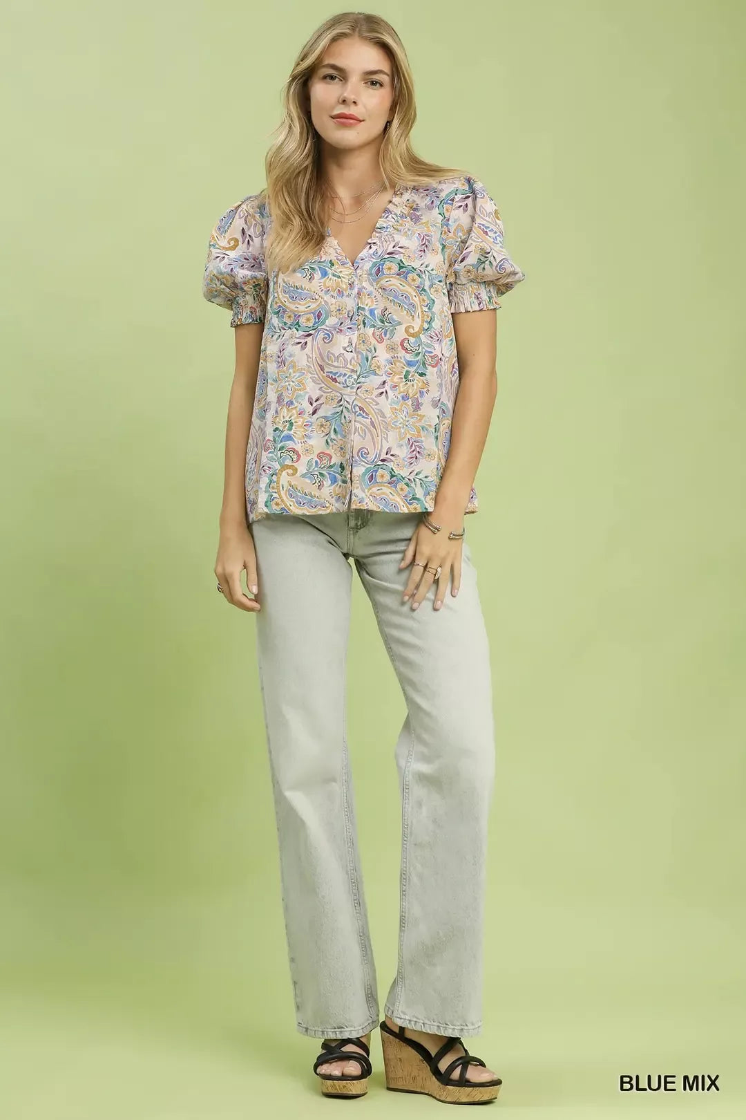 Umgee blue mix paisley floral button-down blouse with short puff sleeves