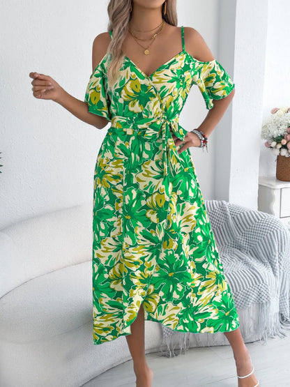 Printed Cold Shoulder Midi Cami Dress - Tigbul's Variety Fashion Shop