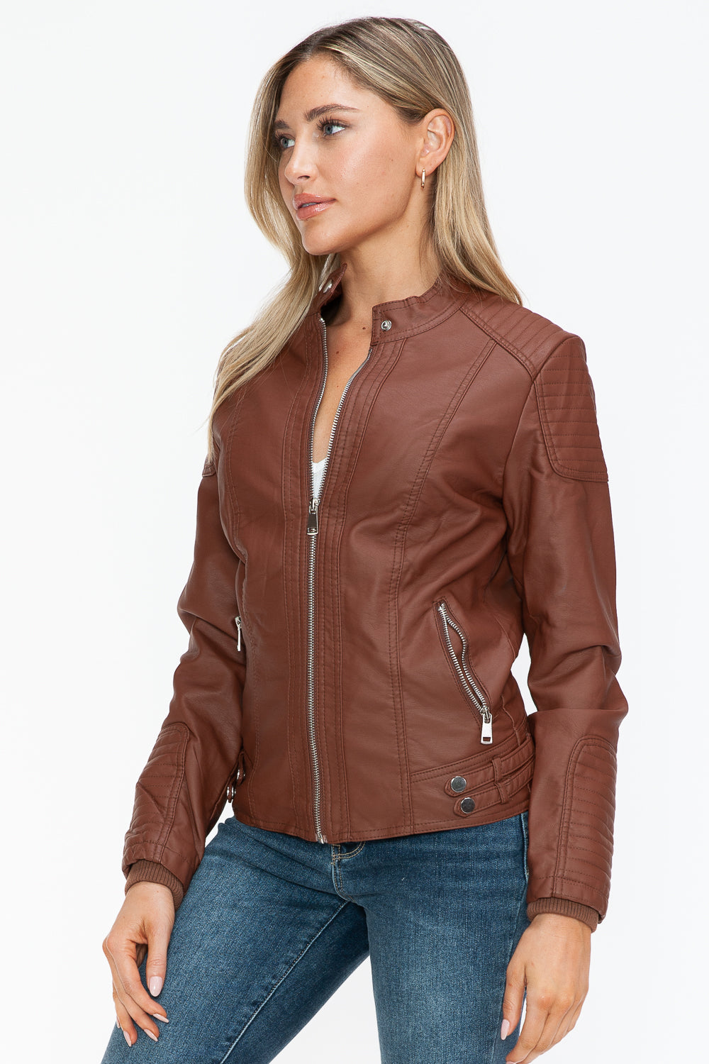 Brown Faux Leather Biker Jacket with Side Zip Pockets