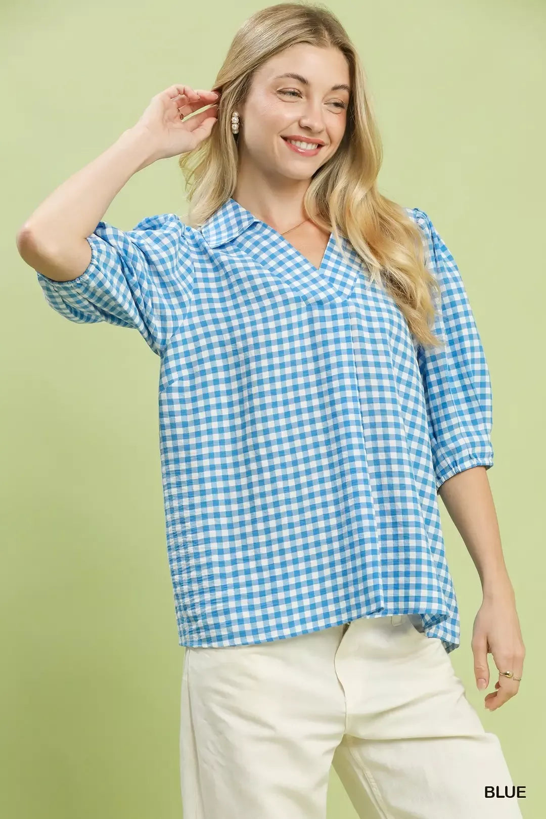 Blue gingham collared blouse, elbow-length puff sleeves, button front detail
