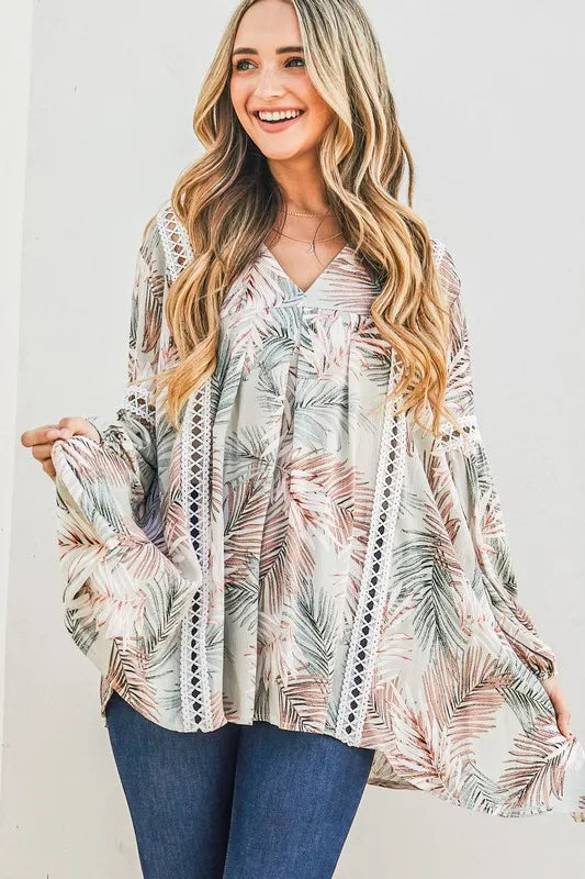 Sage Green Printed with Lace Trim Casual Tunic Top - Tigbul's Variety Fashion Shop