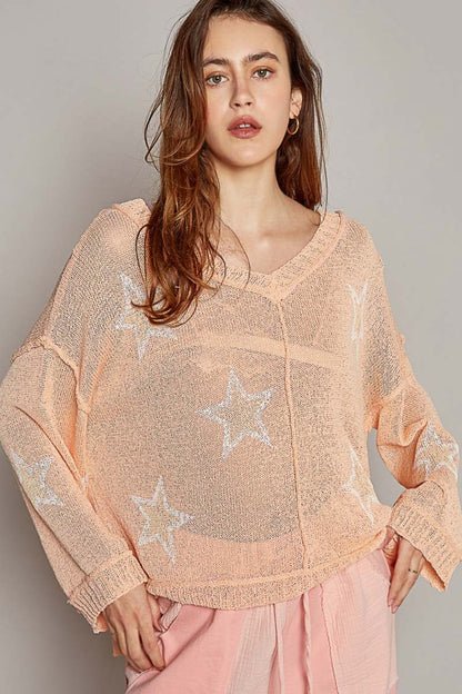 POL V-Neck Long Sleeve Star Print Knit Top - Tigbul's Variety Fashion Shop