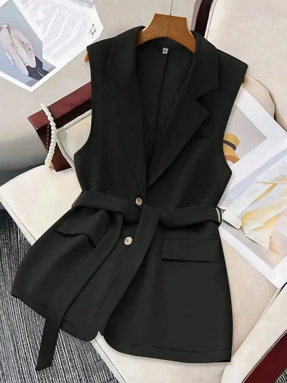 Tie Waist Lapel Collar Sleeveless Blazer - Tigbul's Variety Fashion Shop