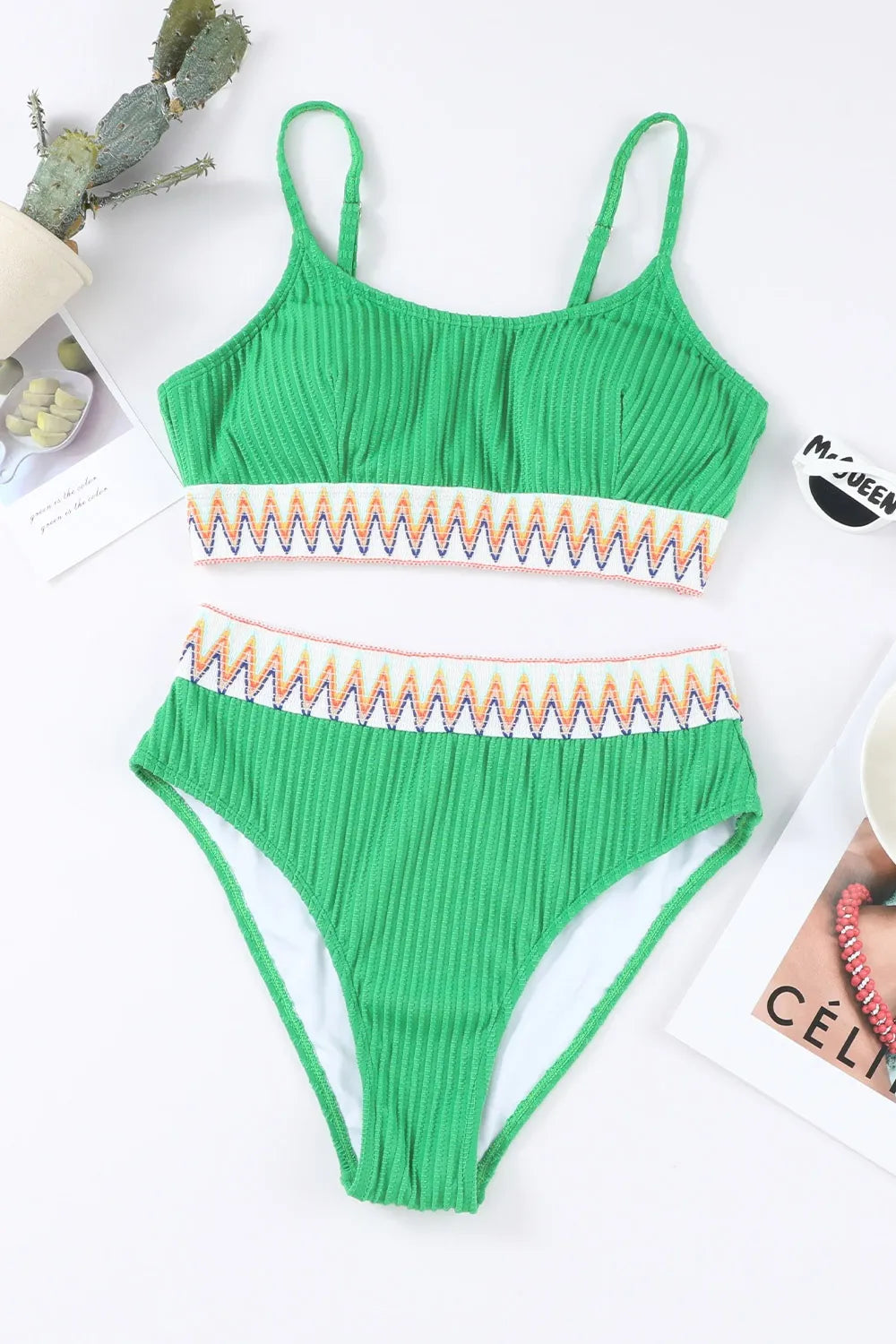 Textured Contrast Banding Bikini High Waist 2pcs Swimsuit - Tigbul's Variety Fashion Shop