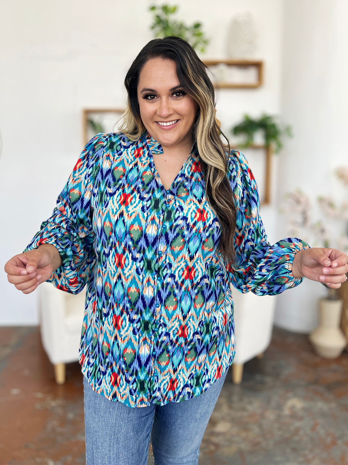 Blue Printed Balloon Sleeve Blouse Small up to 3XL - Tigbul's Variety Fashion Shop